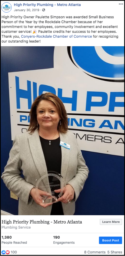 High Priority Plumbing employee wins small business person of the year