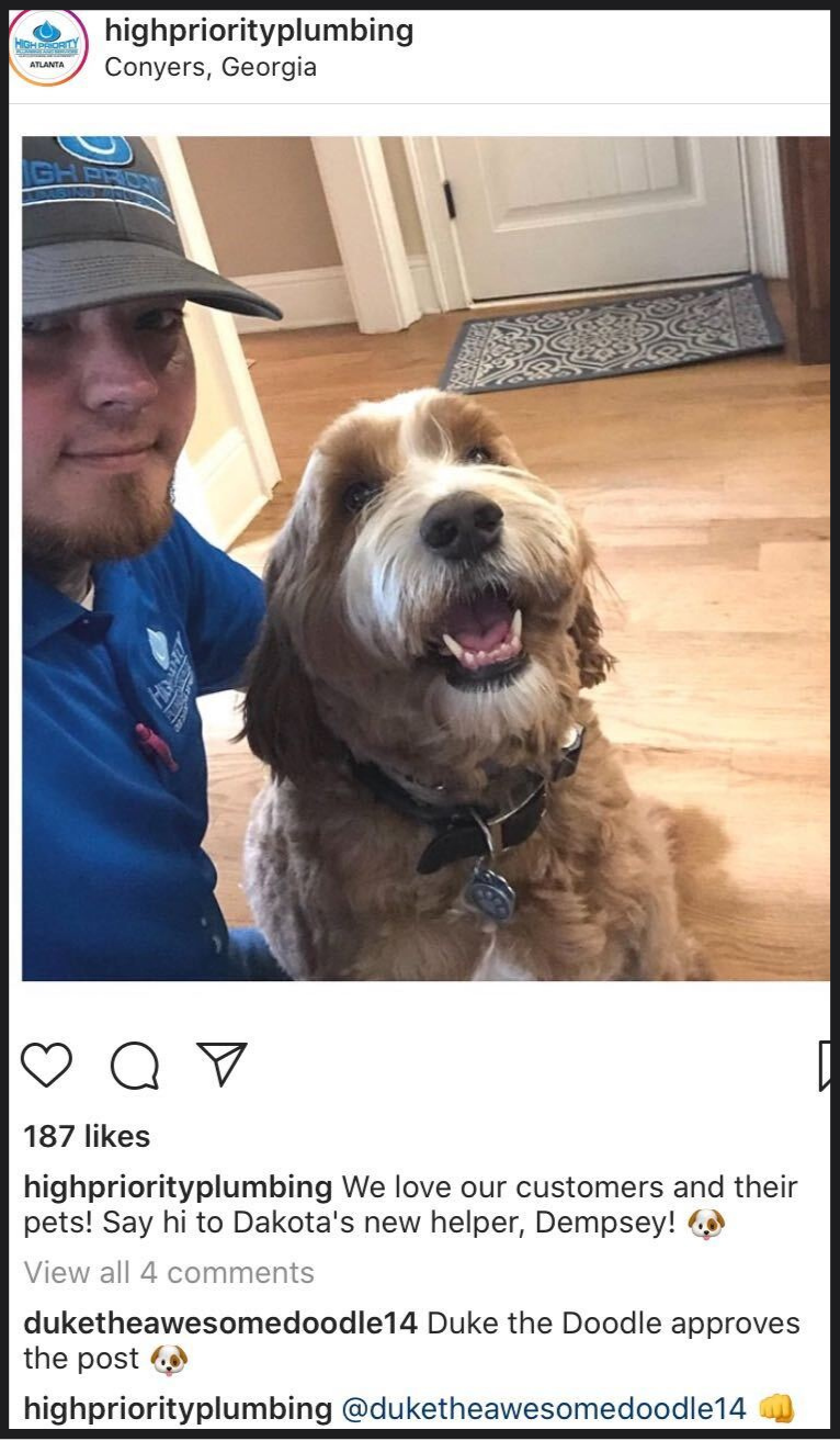 High Priority Plumbing employee taking a photo with customer's dog