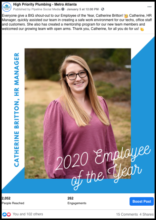 High Priority Plumbing employee of the year 2020 Catherine Britton 