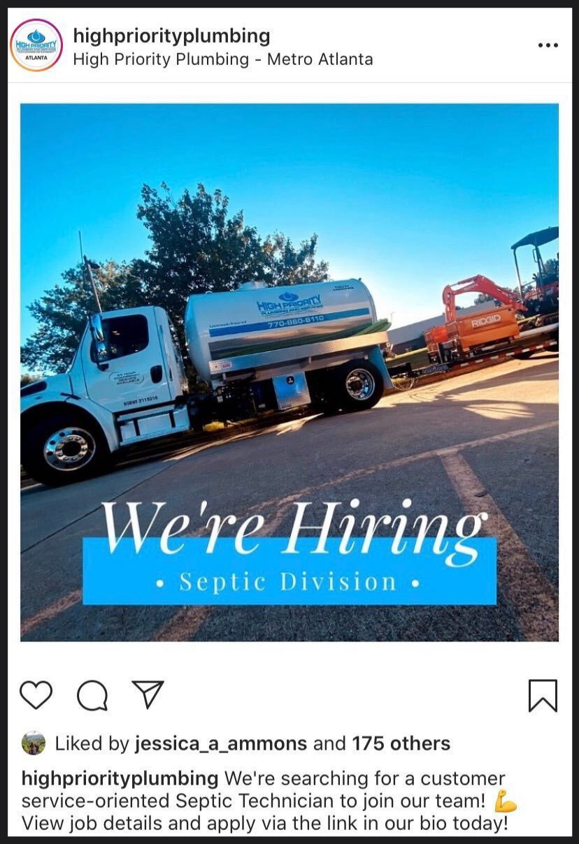 A post about job offerings at High Priority Plumbing's Septic Division