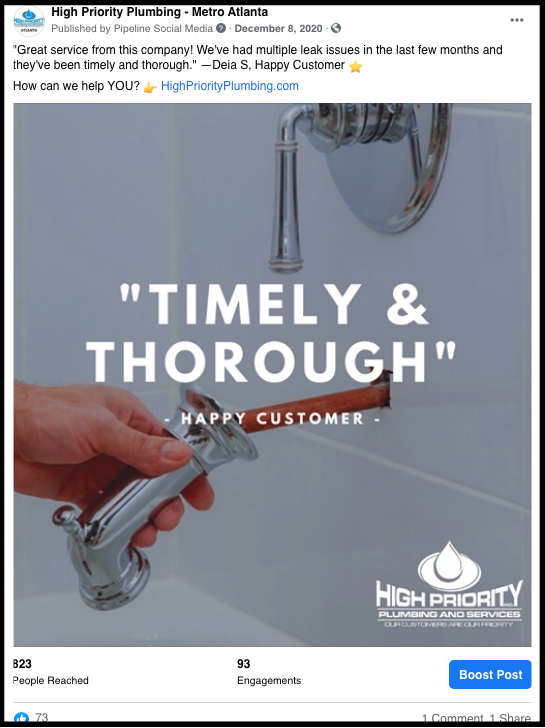 A great review of High Priority Plumbing's fast and thorough services 