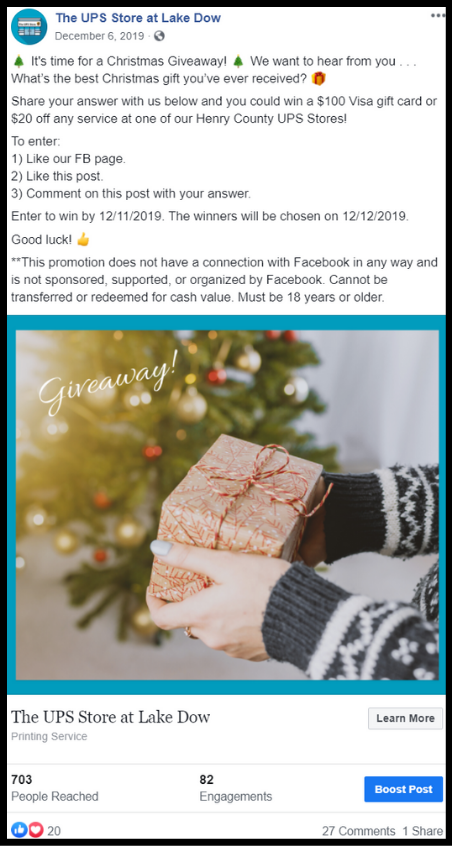 social post with woman holding Christmas in front of tree