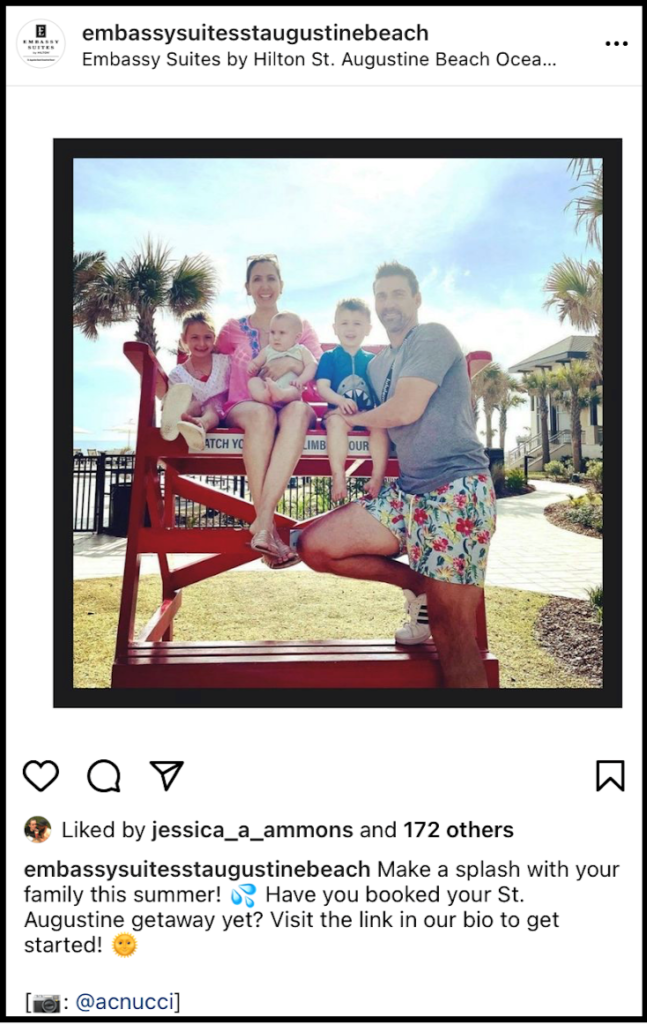 social media post showing a family on beach vacation