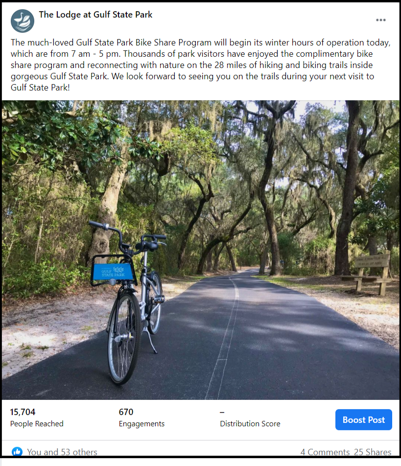 social media post showing a bike on a park trails