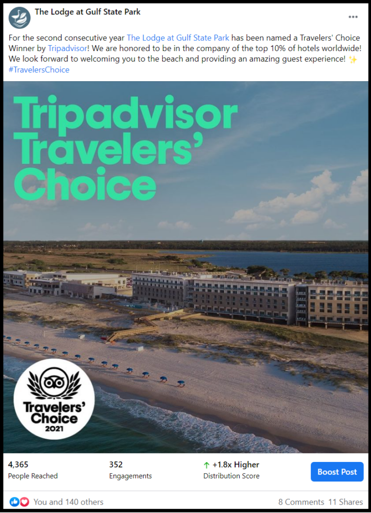 social media post showing Tripadvisor Travelers Choice award winner for The Lodge