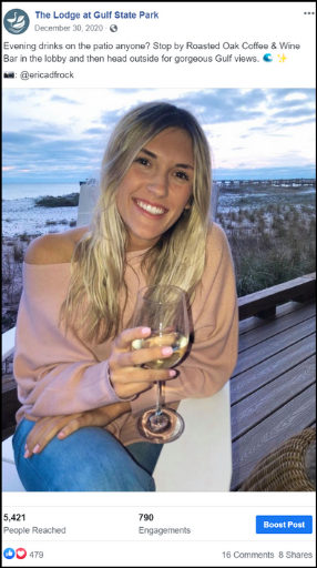 social media post showing a woman smiling with a glass of wine