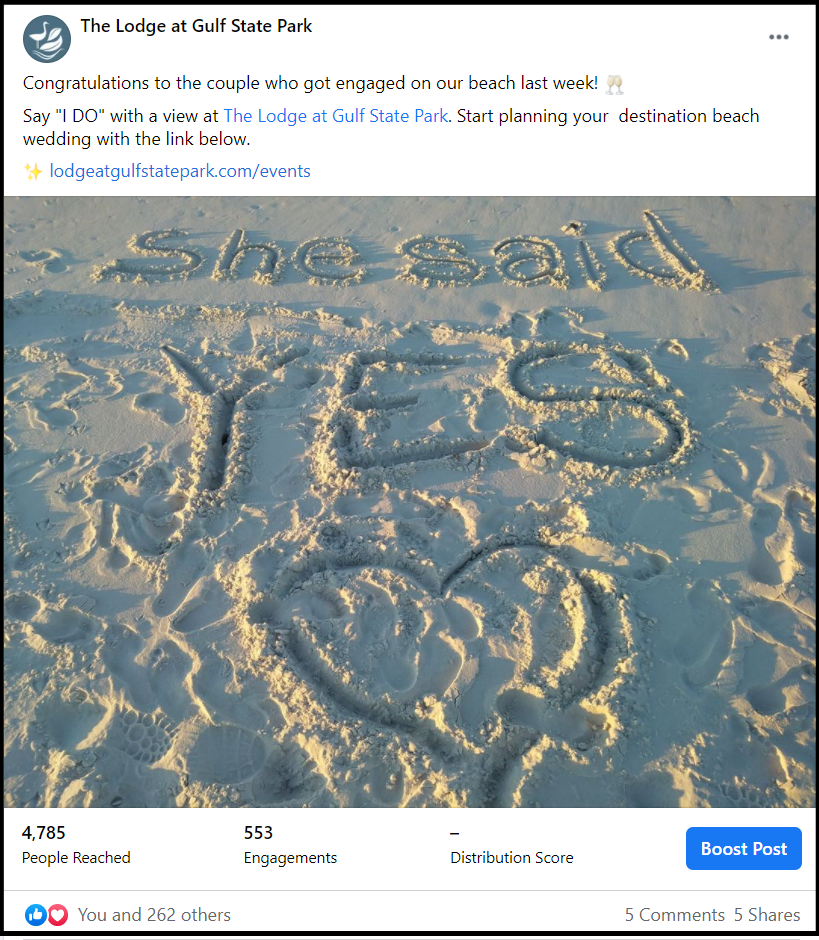 social media post showing wedding proposal in the sand