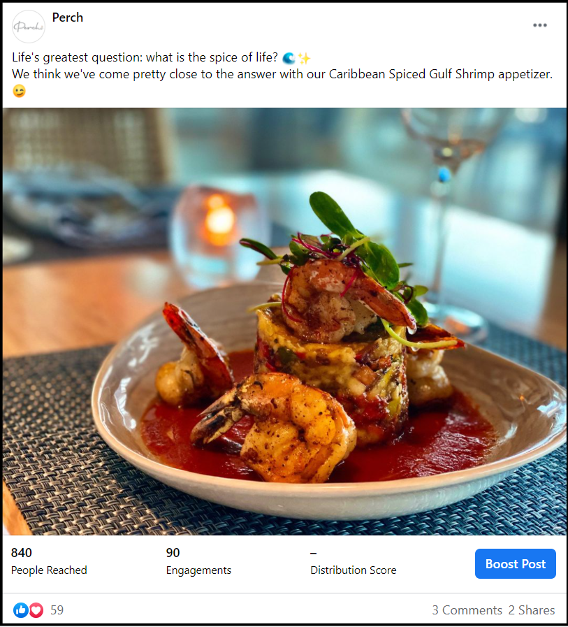 social media post of a shrimp and crabcake meal