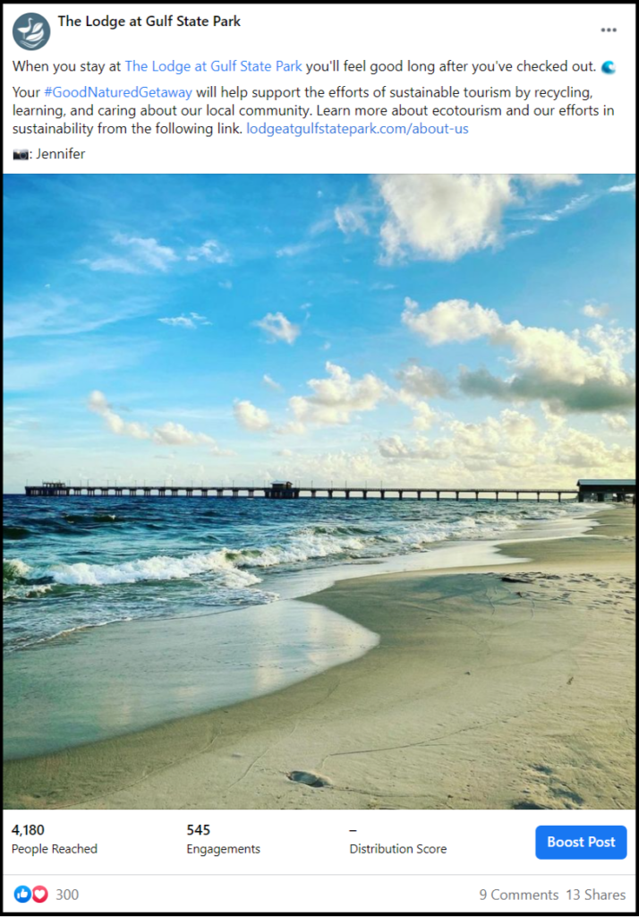social media post showing the Gulf Coast shoreline and pier