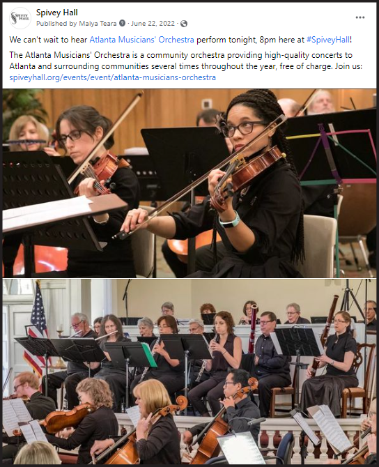 Facebook post promoting Atlanta Musicians Orchestra