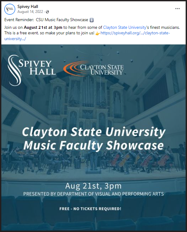 Facebook post showing Spivey Hall CSU Music Faculty showcase