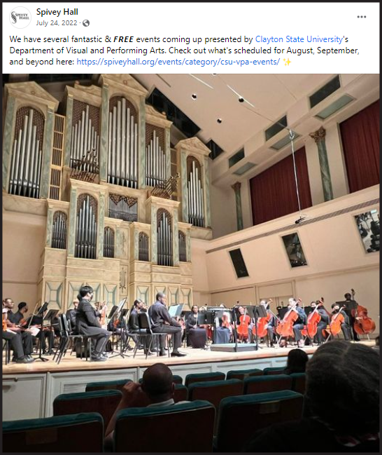 Facebook post for Clayton State Department of Visual and Performing Arts event