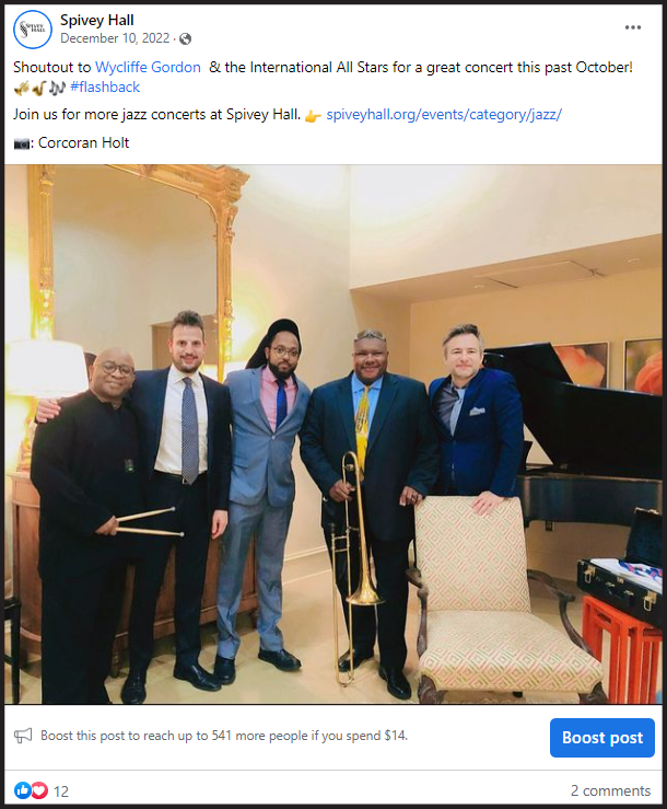 Facebook post for Wycliffe Gordon at Spivey Hall