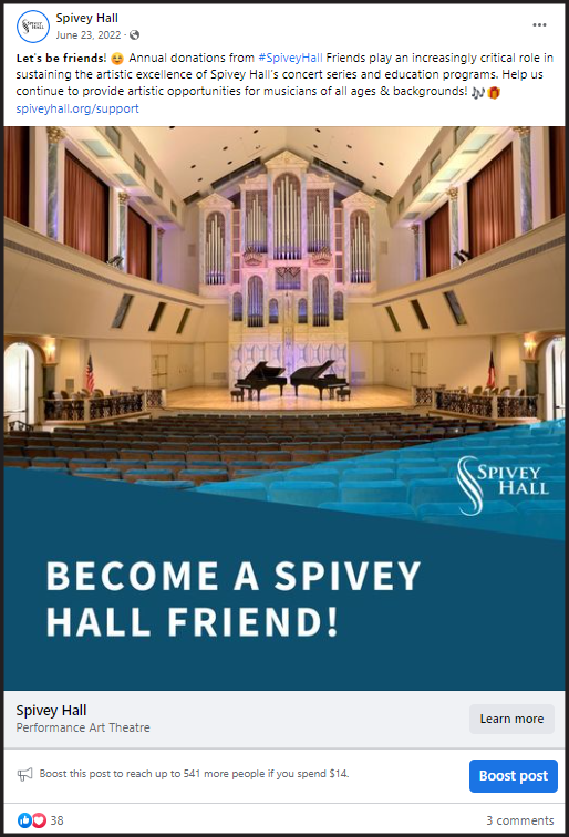 Facebook post for becoming a Spivey Hall Friend donor