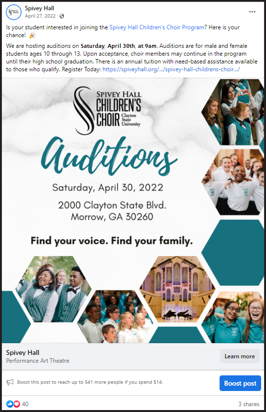 Facebook post showing Spivey Hall Children's Choir Program auditions
