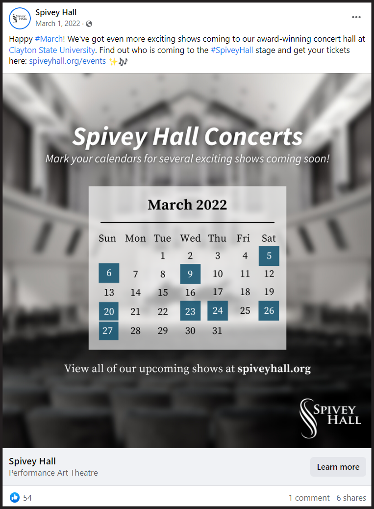 Facebook post showing Spivey Hall upcoming concerts