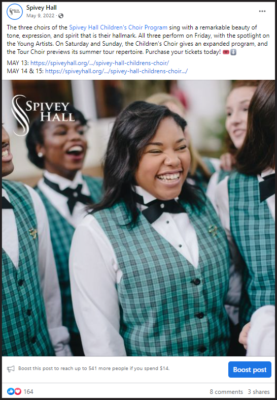 Facebook post showing Spivey Hall Children's Choir Program