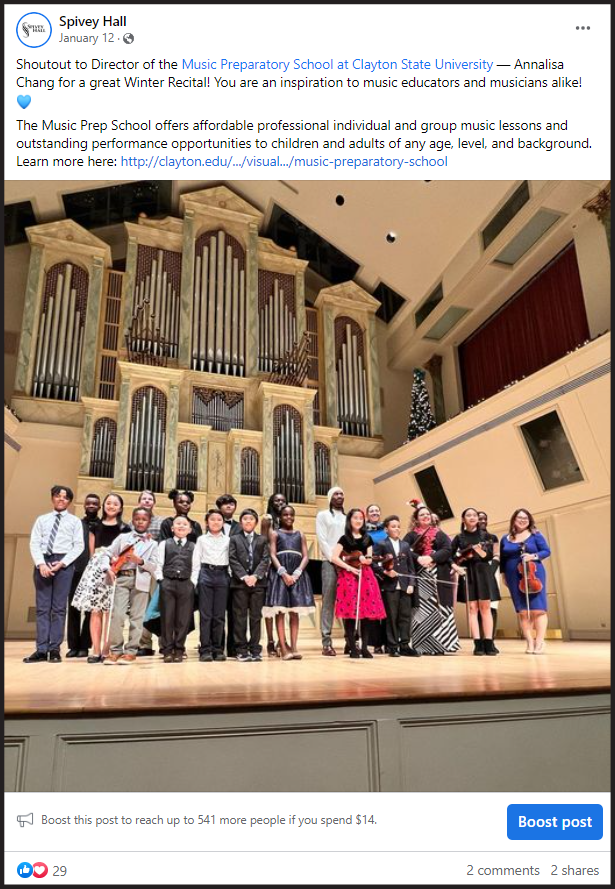 Facebook post showing Music Preparatory School at Clayton State University