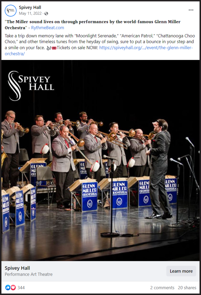 Facebook post for Glenn Miller Orchestra at Spivey Hall