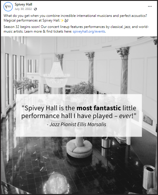 Facebook post promoting season 32 at Spivey Hall