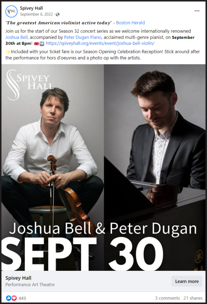 Facebook post for Joshua Bell & Peter Dugan at Spivey Hall