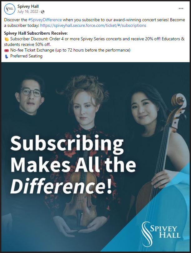Facebook post showing Spivey Hall subscriptions