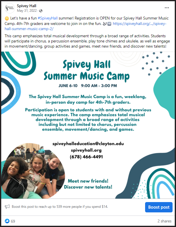 Facebook post showing Spivey Hall Summer Music Camp