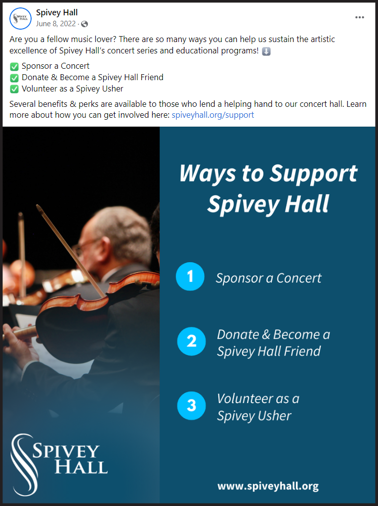 Facebook post showing Ways to Support Spivey Hall