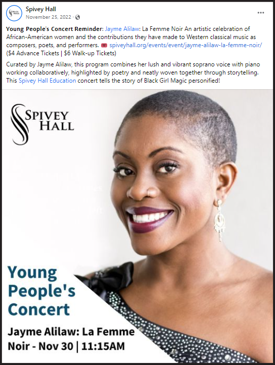 Facebook post showing Spivey Hall Young People's Concert reminder