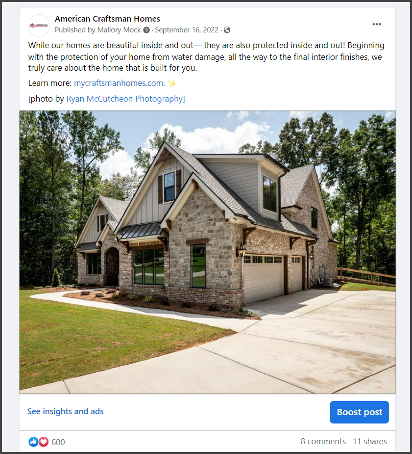american craftsman homes facebook post