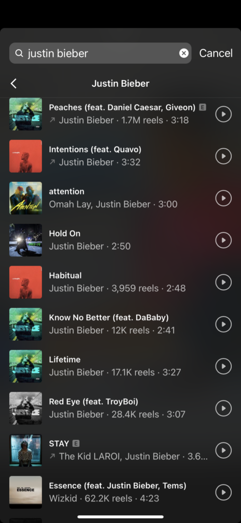 Instagram reels music - Justin Bieber songs