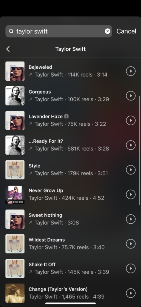 Instagram reels music - Taylor Swift songs
